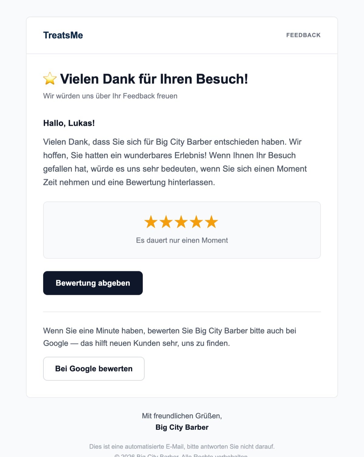 Bewertungsanfrage per E-Mail mit zusätzlichem Button für eine Google-Bewertung