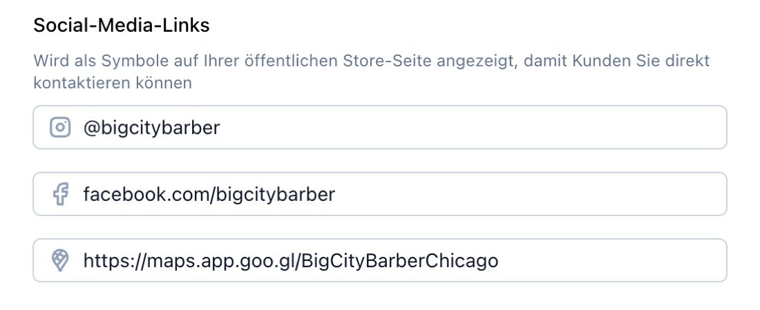 Social-Media-Links in den TreatsMe-Standorteinstellungen mit Instagram, Facebook und Google