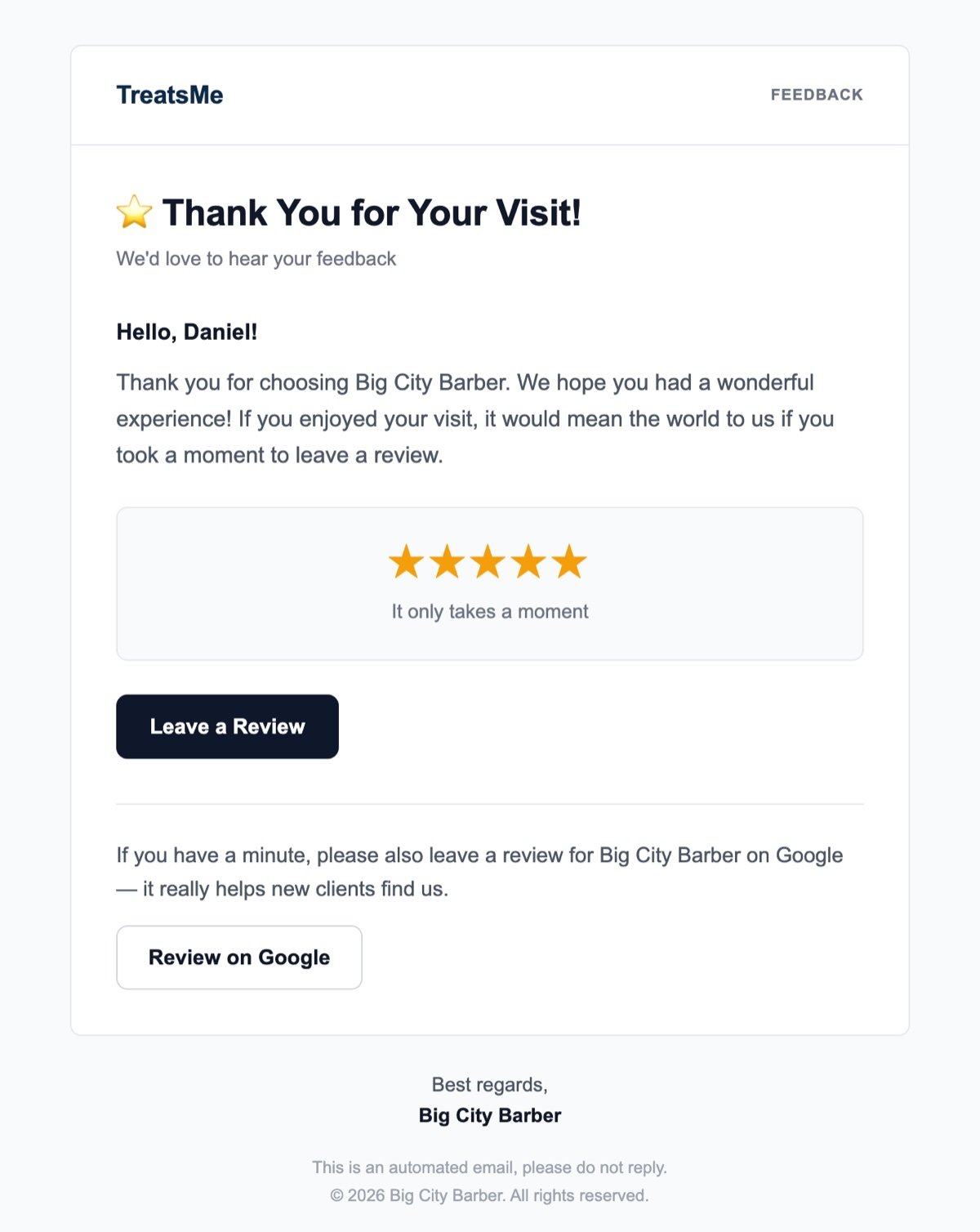 Review request email with an extra button to leave a review on Google