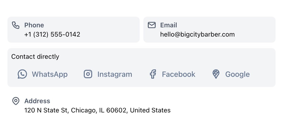 Contact block on the shop page with WhatsApp, Instagram, Facebook and Google buttons