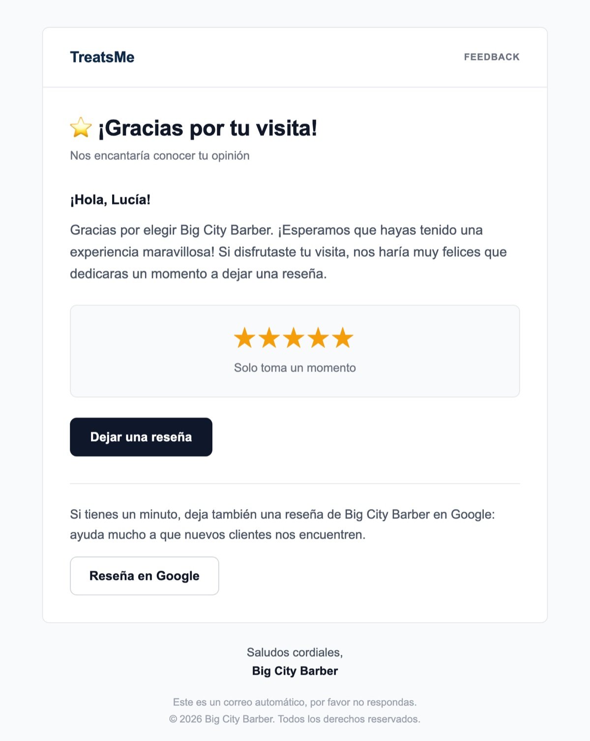 Correo de solicitud de reseña con un botón extra para reseñar en Google
