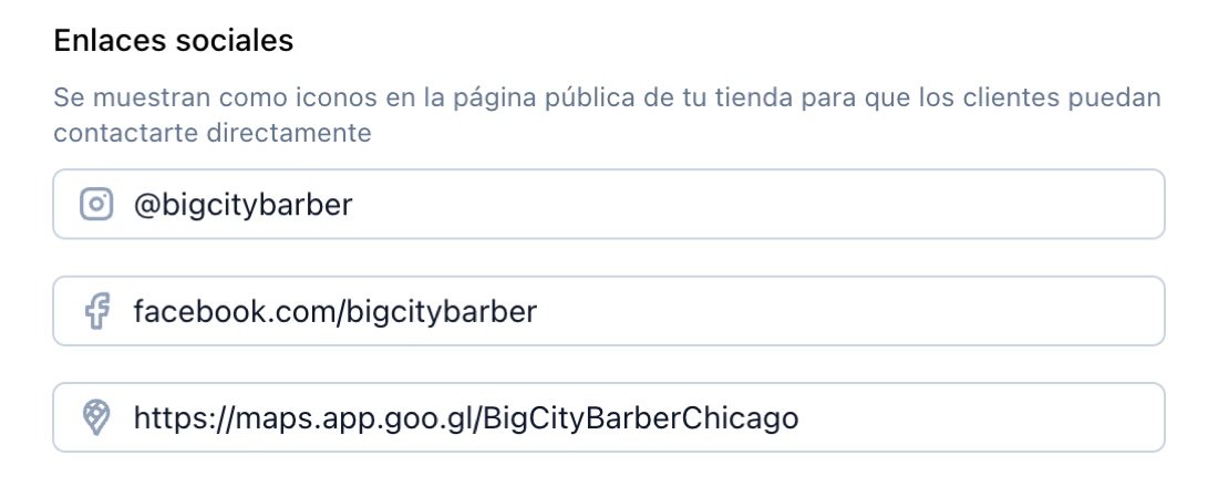 Enlaces sociales en los ajustes de la tienda en TreatsMe con Instagram, Facebook y Google