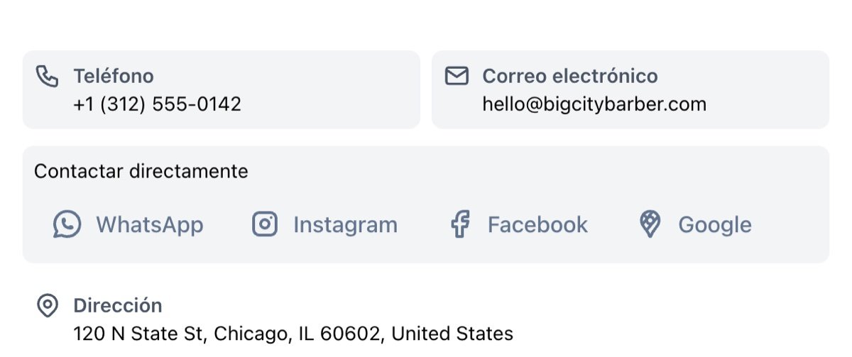 Bloque de contacto en la página de la barbería con botones de WhatsApp, Instagram, Facebook y Google