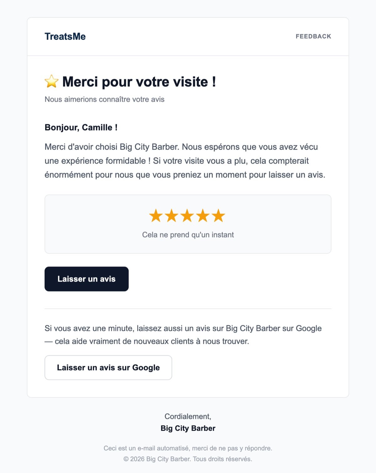 E-mail de demande d'avis avec un bouton supplémentaire pour laisser un avis sur Google