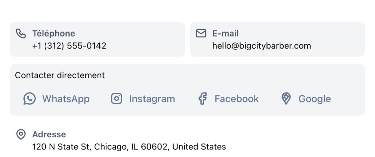 Bloc de contact sur la page du salon avec les boutons WhatsApp, Instagram, Facebook et Google