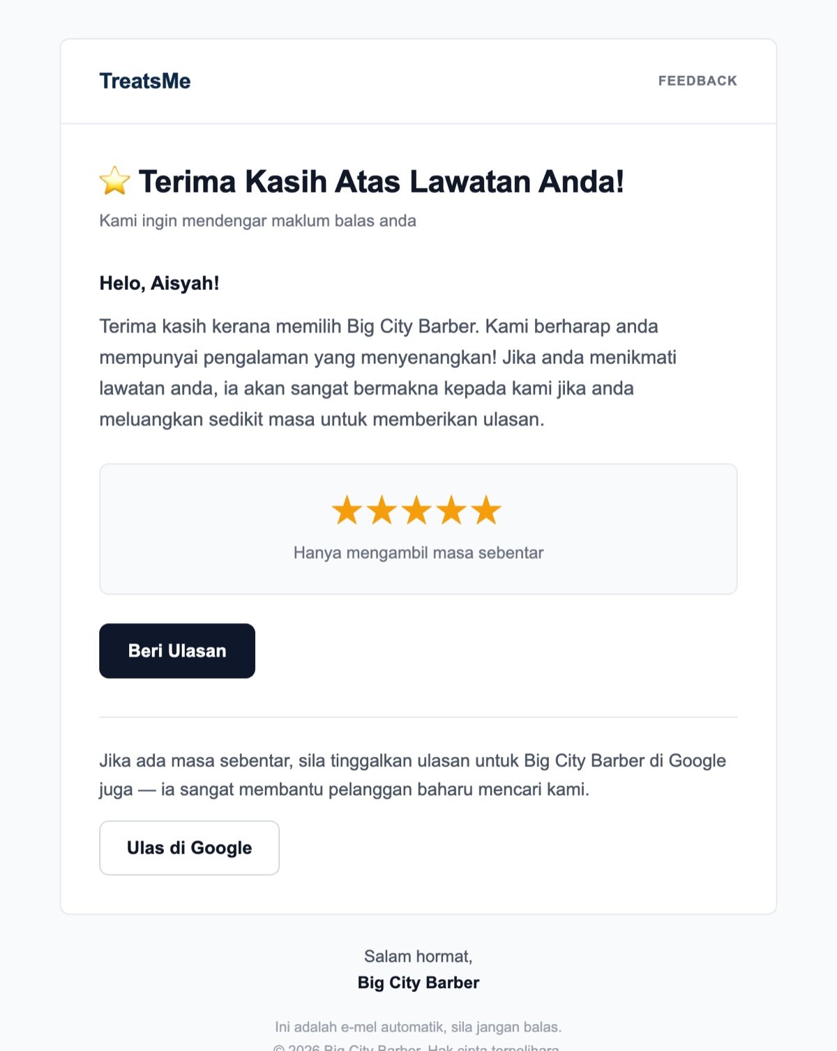 Emel permintaan ulasan dengan butang tambahan untuk mengulas di Google