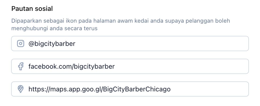 Pautan sosial dalam tetapan kedai TreatsMe dengan Instagram, Facebook dan Google