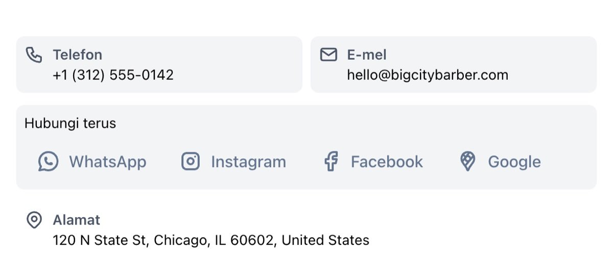 Blok hubungan di halaman kedai dengan butang WhatsApp, Instagram, Facebook dan Google