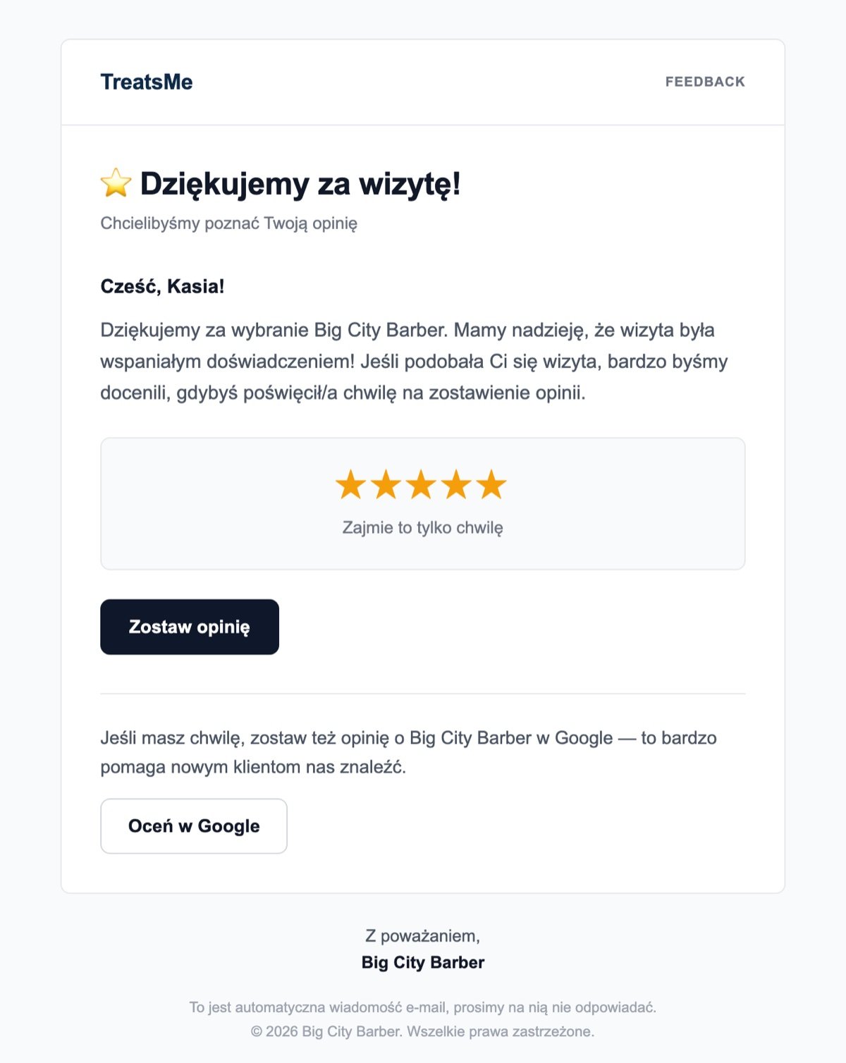 E-mail z prośbą o opinię z dodatkowym przyciskiem do wystawienia opinii w Google
