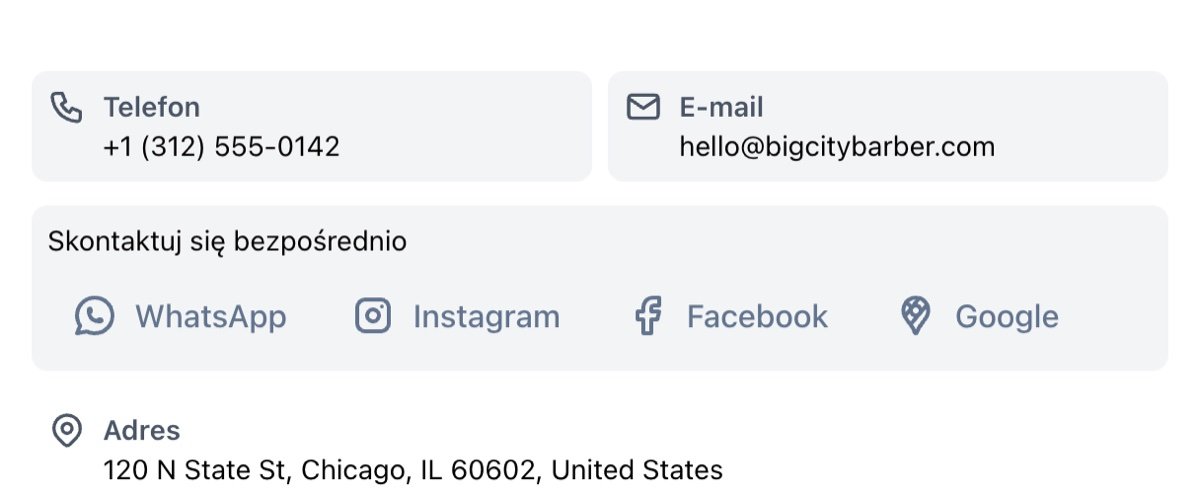 Sekcja kontaktu na stronie lokalu z przyciskami WhatsApp, Instagram, Facebook i Google
