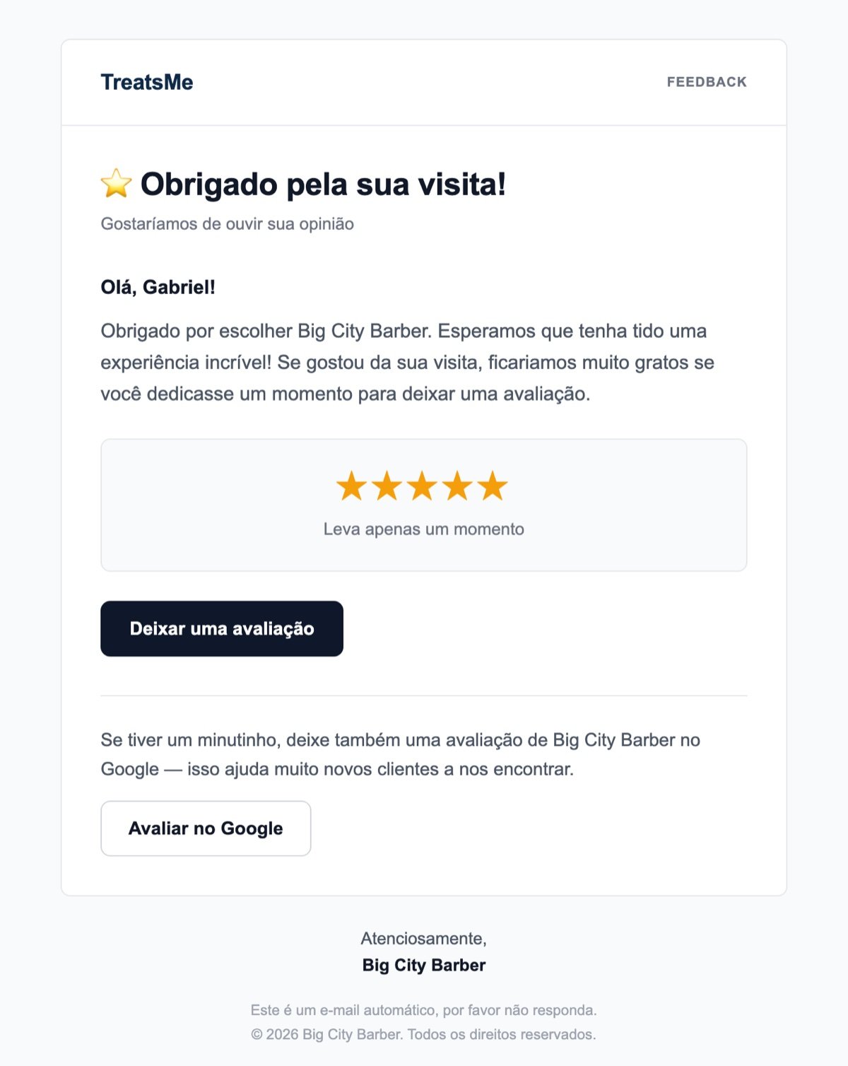 Email de pedido de avaliação com um botão extra para avaliar no Google