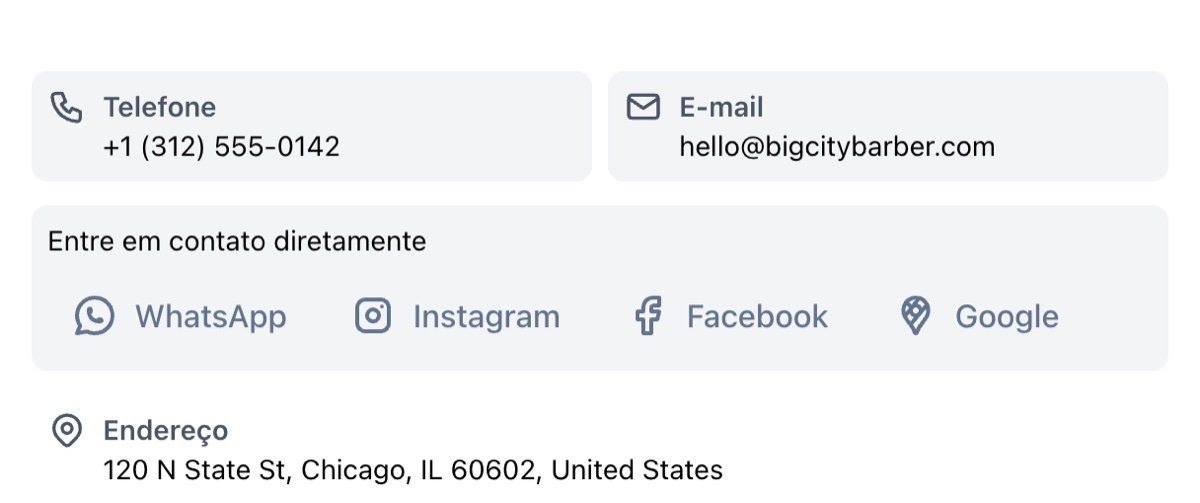 Bloco de contato na página da barbearia com botões de WhatsApp, Instagram, Facebook e Google