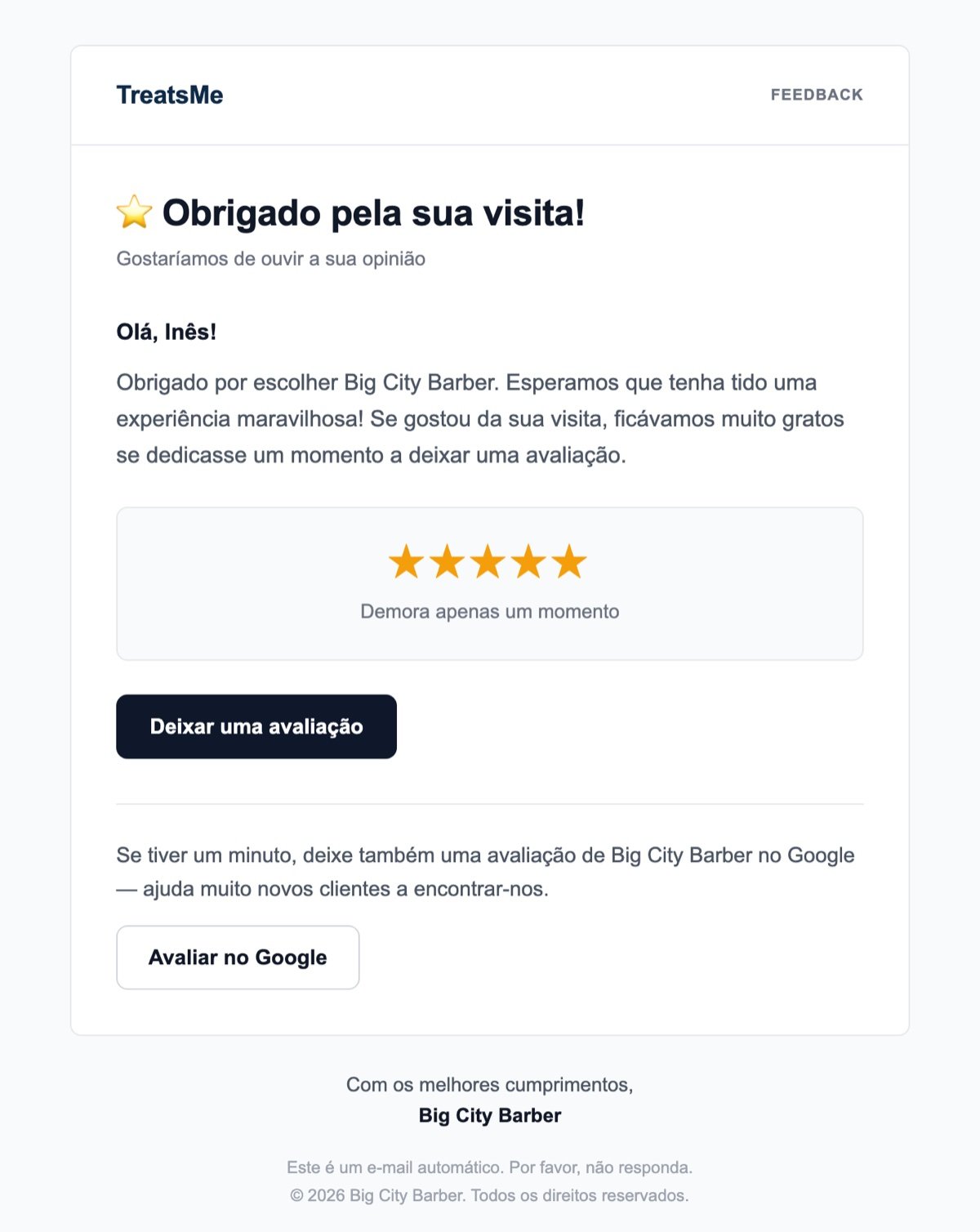 Email de pedido de avaliação com um botão extra para avaliar no Google