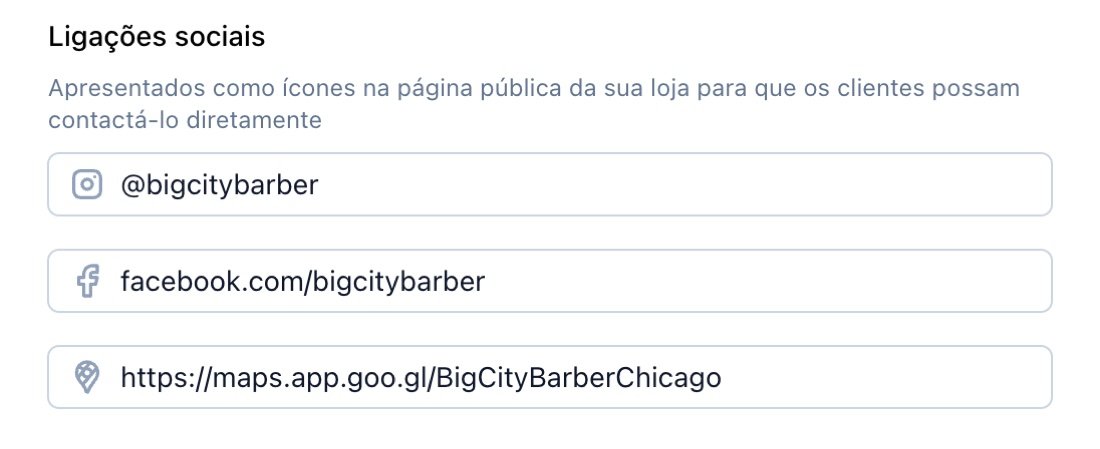 Ligações sociais nas definições da loja na TreatsMe com Instagram, Facebook e Google