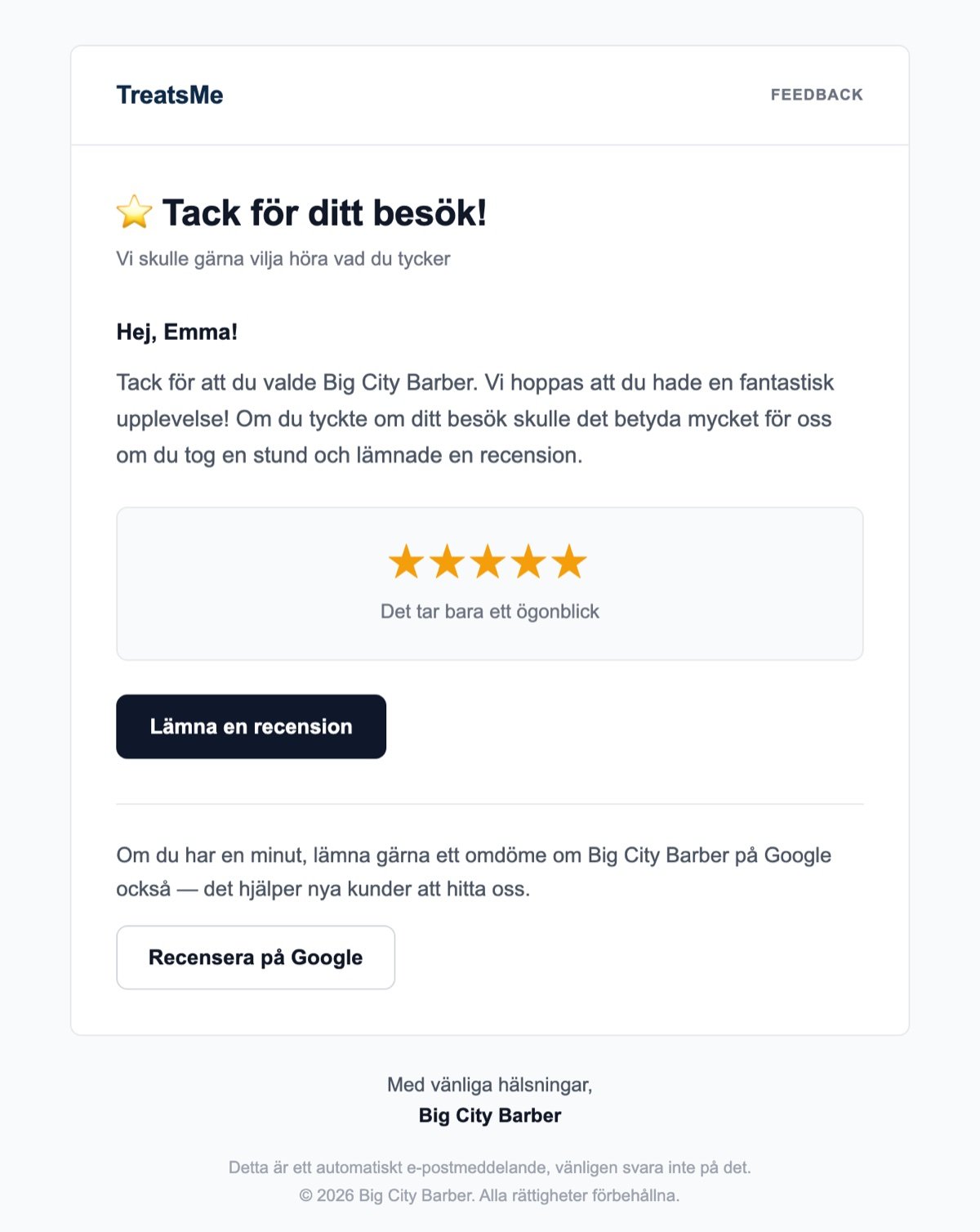 Mejl med förfrågan om recension och en extra knapp för att recensera på Google