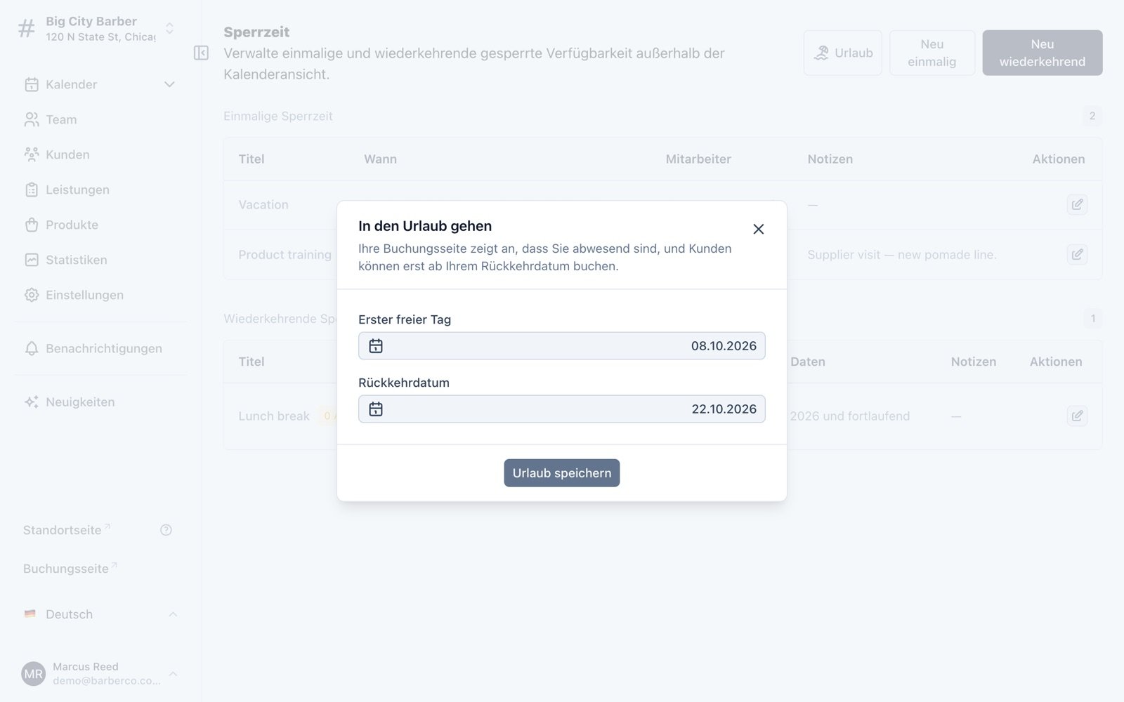 Urlaubsfenster im TreatsMe-Dashboard mit erstem freien Tag und Rückkehrdatum