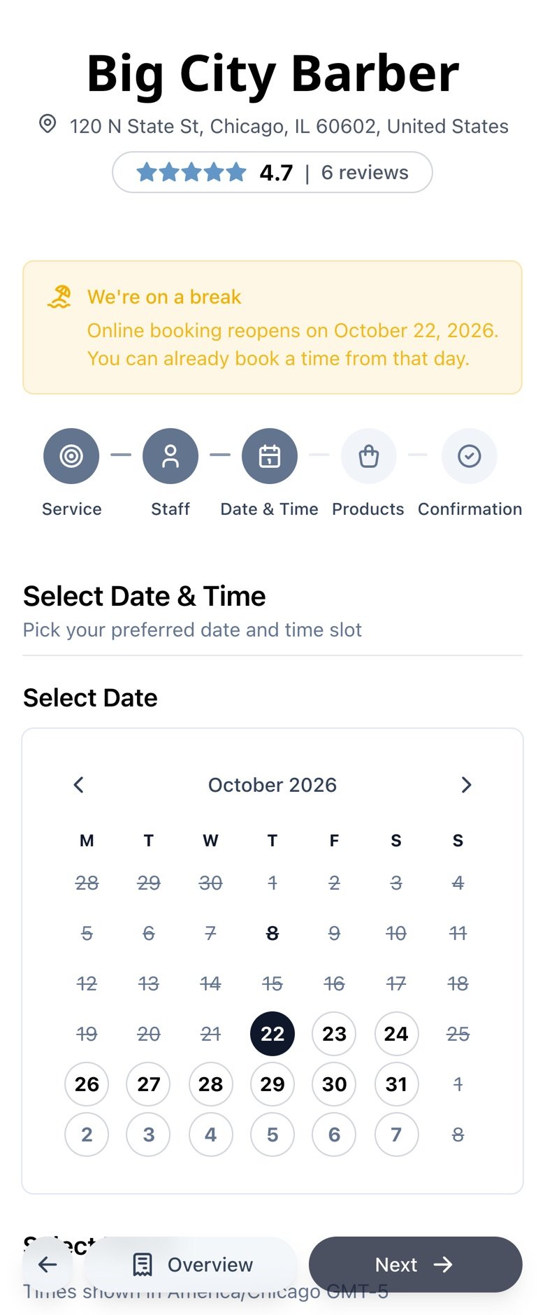 Booking calendar on a phone that opens on the return date, with vacation days unavailable