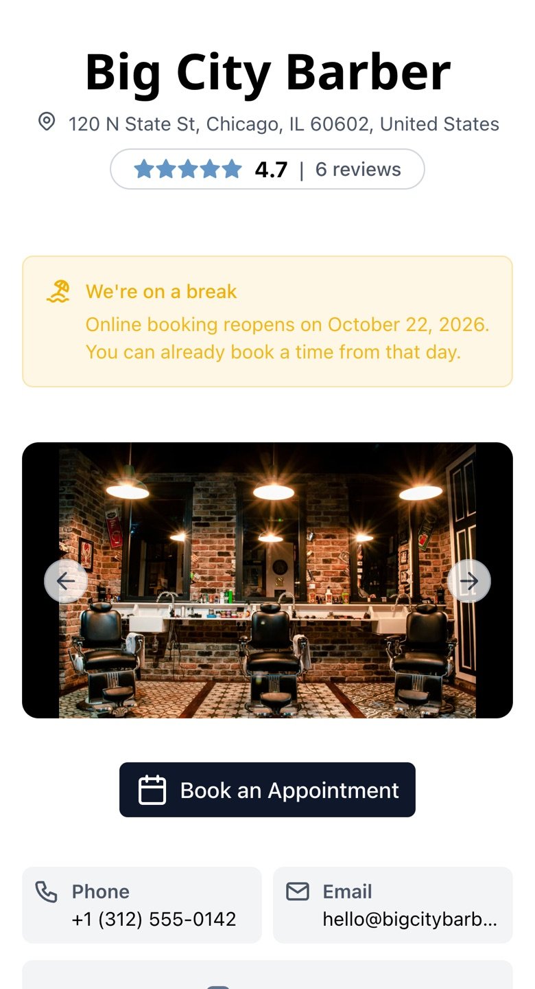 Shop page on a phone with the vacation notice and the return date