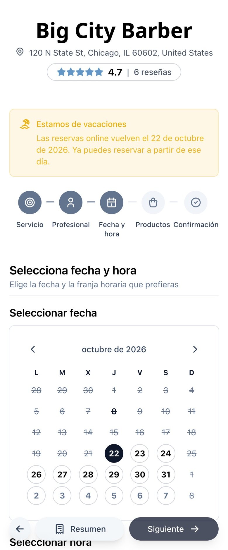 Calendario de reservas en el móvil que se abre en la fecha de regreso, con los días de vacaciones no disponibles