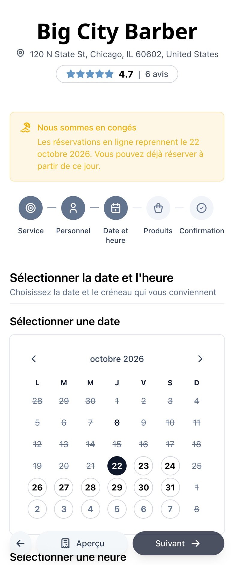 Calendrier de réservation sur mobile qui s'ouvre sur la date de retour, jours de congé indisponibles