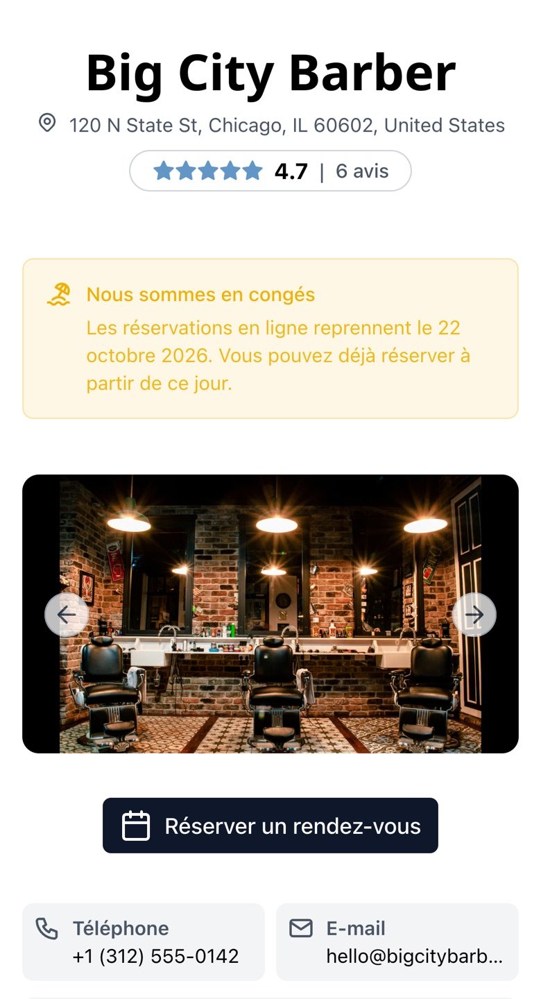 Page du salon sur mobile avec le message de congés et la date de retour
