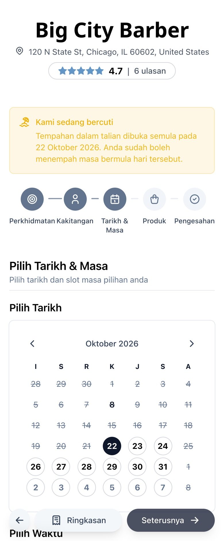 Kalendar tempahan di telefon yang dibuka pada tarikh kembali, hari cuti tidak tersedia