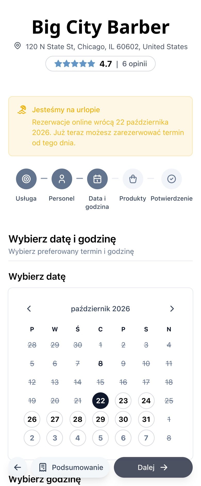 Kalendarz rezerwacji na telefonie otwierający się na dacie powrotu, dni urlopu niedostępne
