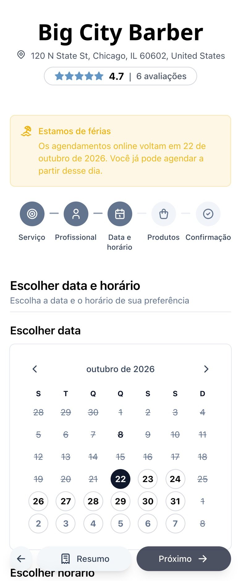 Calendário de agendamento no celular que abre na data de volta, com os dias de férias indisponíveis