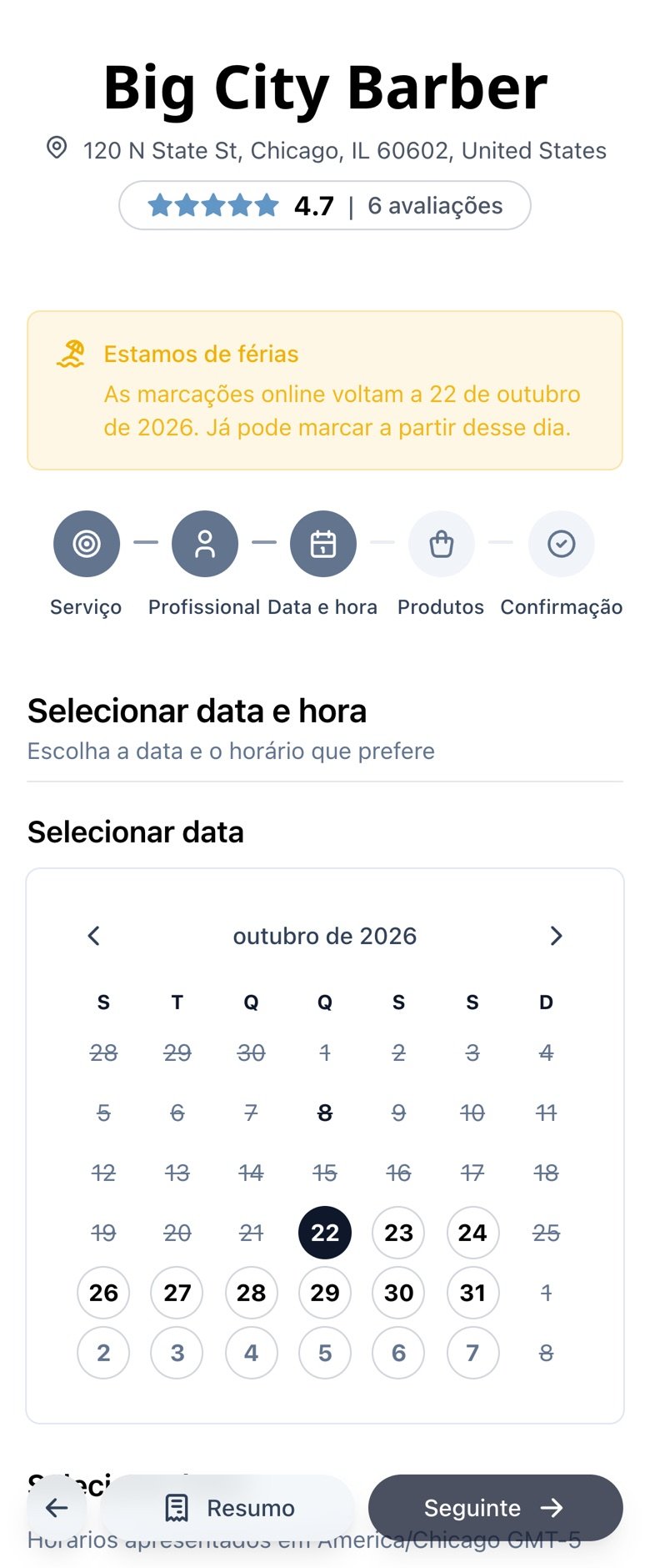 Calendário de marcações no telemóvel que abre na data de regresso, com os dias de férias indisponíveis
