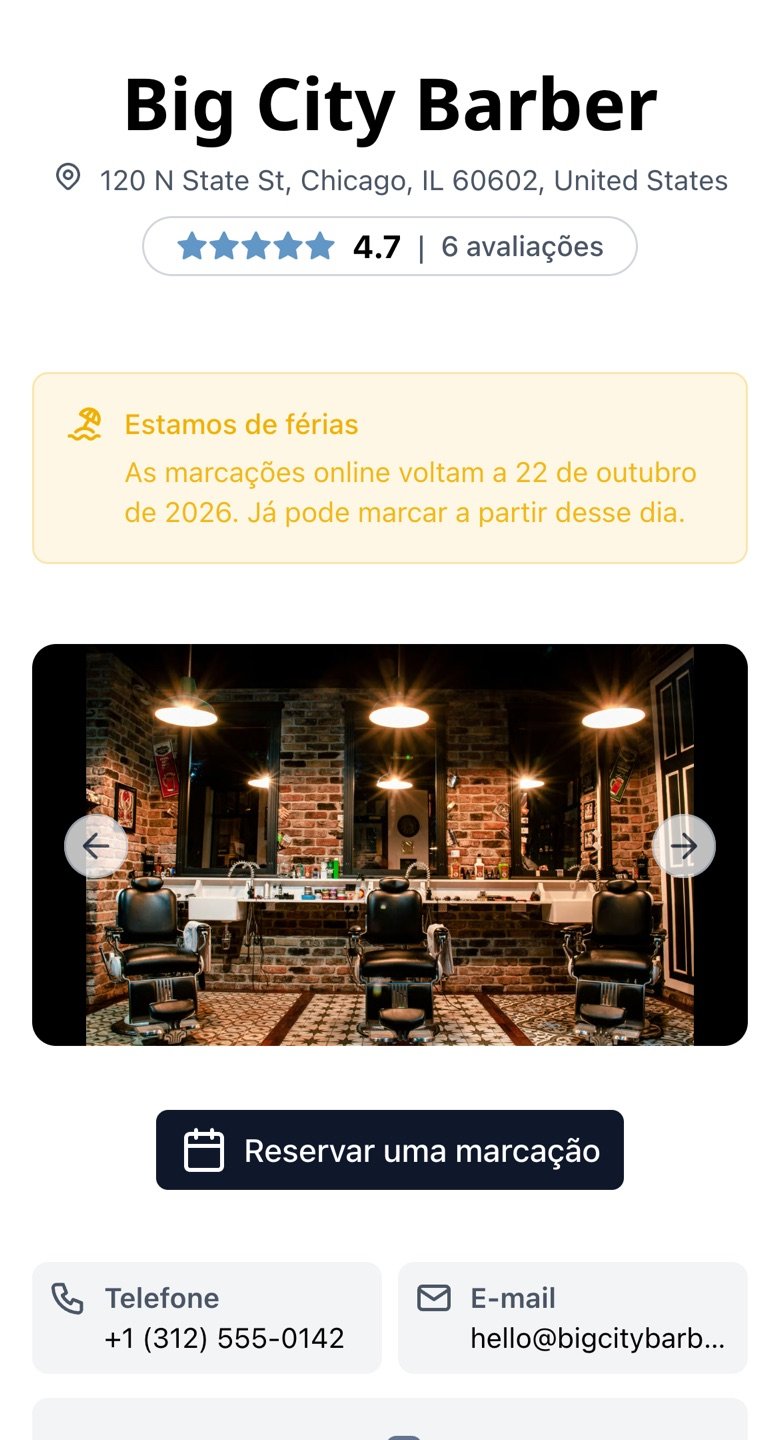 Página da barbearia no telemóvel com o aviso de férias e a data de regresso