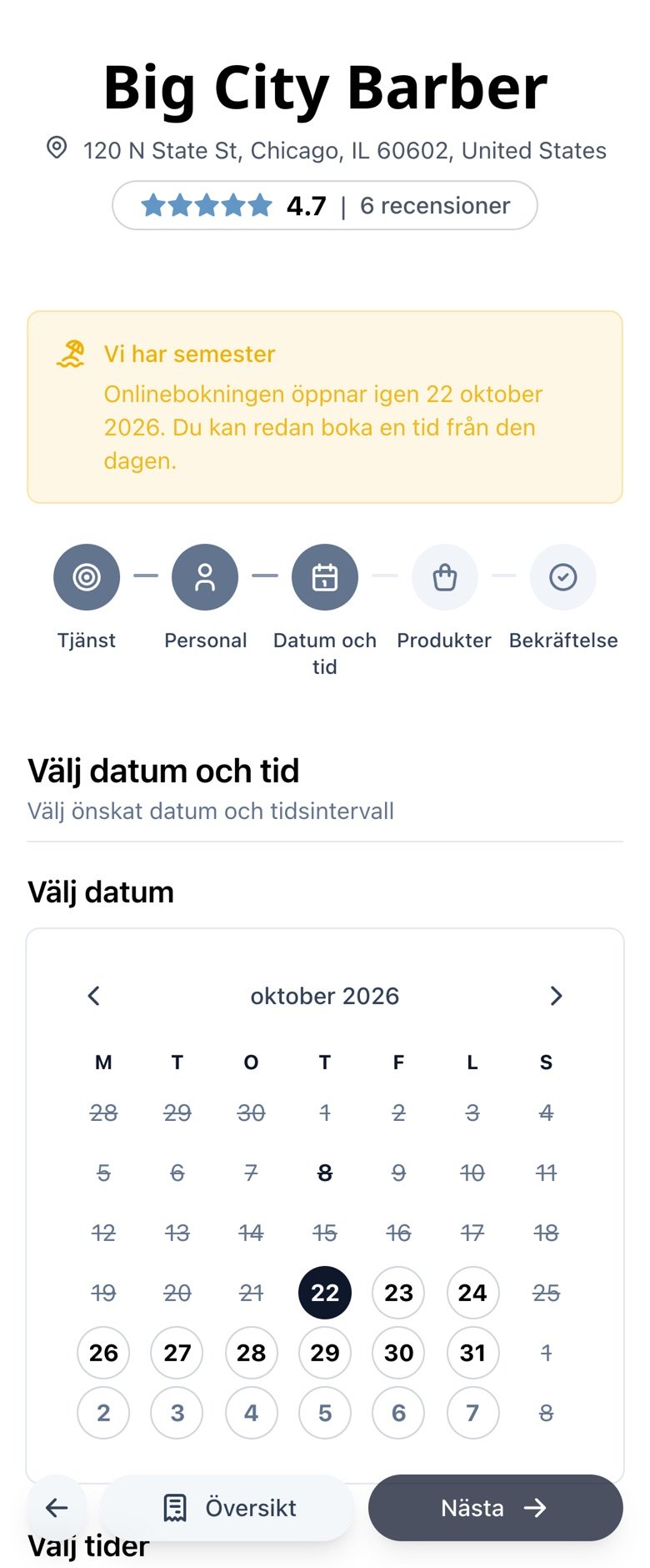 Bokningskalendern i mobilen som öppnas på återkomstdatumet, semesterdagarna går inte att boka